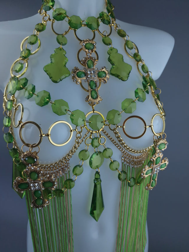 "Limelight" Green & Gold Jewel & Chain Harness