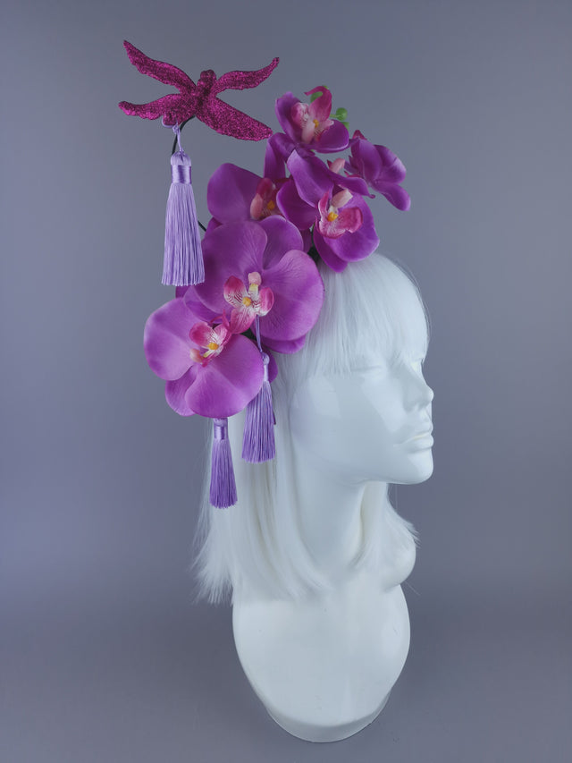 "Lanfen" Pink Purple Orchid, Dragonfly & Tassel Headdress