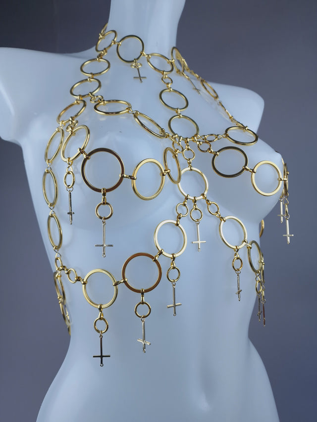 "Fiend" Gold Ring & Upside Down Crosses Jewellery Harness