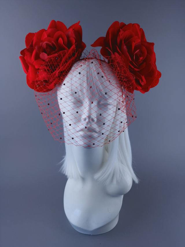 "Amias" Giant Red Rose Crystal Veil Headdress