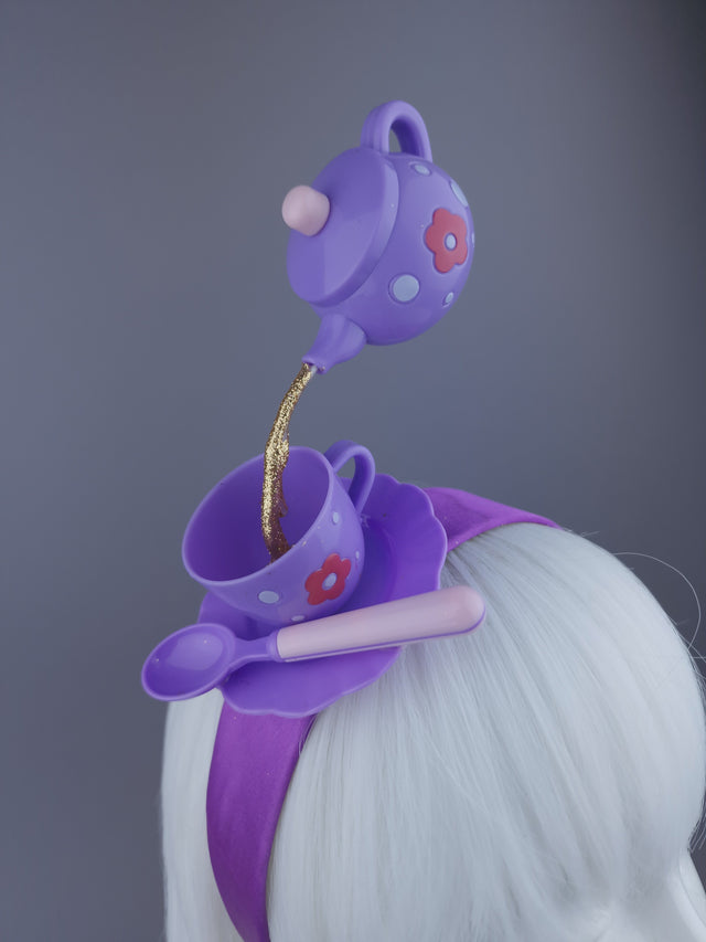 Pearls & Swine Headpiece Purple Teapot Pouring into Teacup