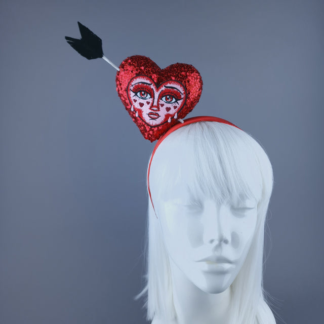 "Crush" Red Glitter Heart with Embroidery Face Headdress