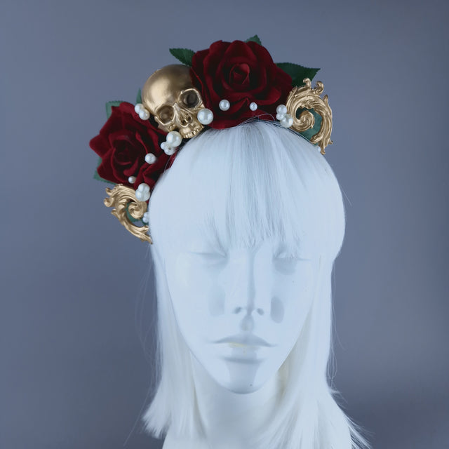 "Erela" Skull, Filigree & Red Rose Headpiece