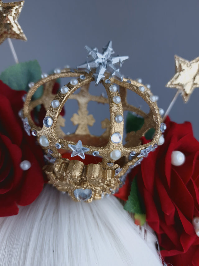 "Sanguis Christi" Red Rose, Pearls & Gold Crown Headdress