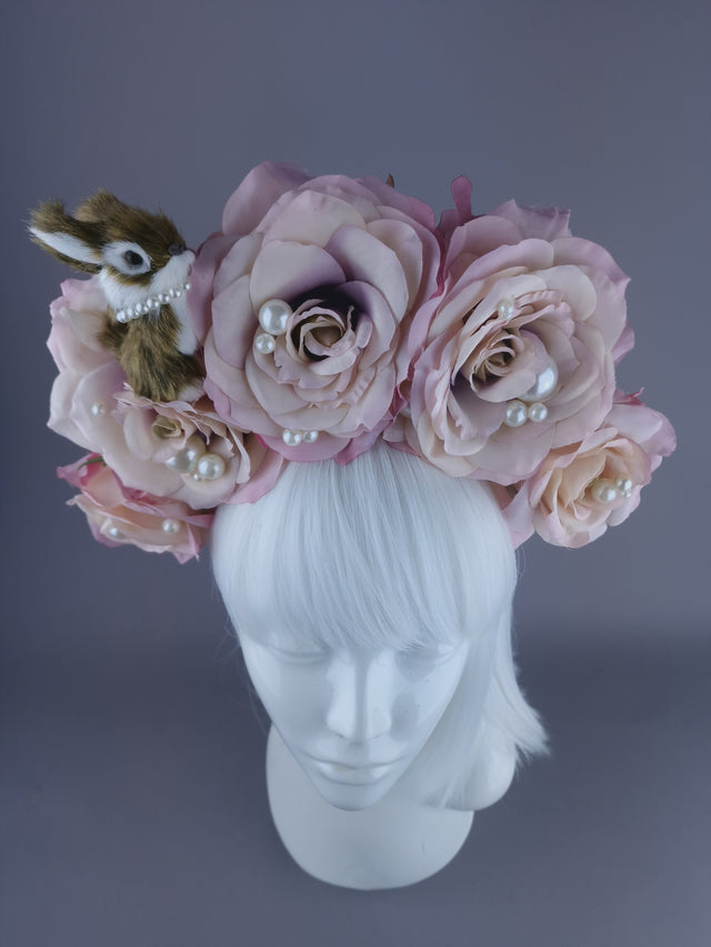 "Hoppit" Bunny Rabbit, Pearls & Pink Roses Headpiece