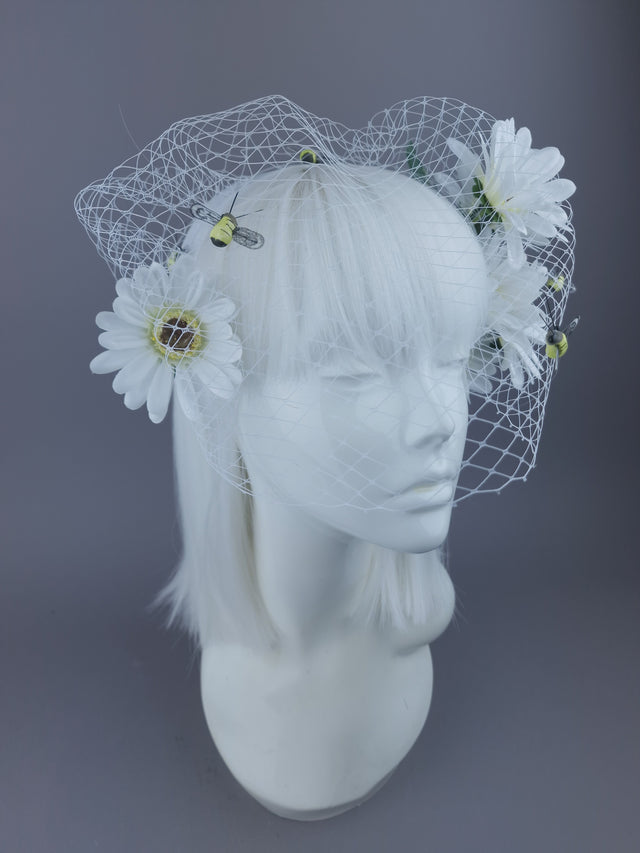 Pearls & Swine Veil Headpiece with White Daisies and Bee detail "Chapel"
