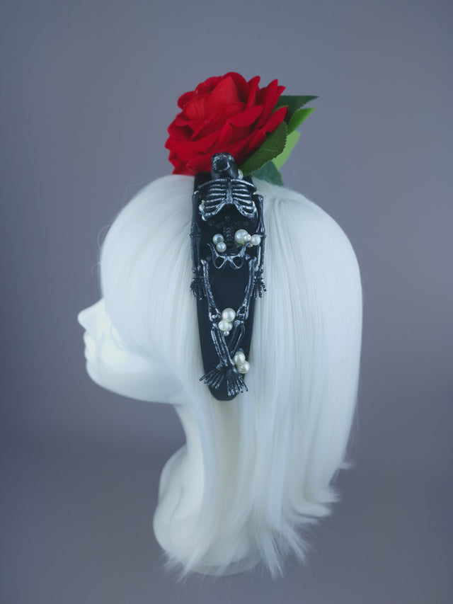 Pearls & Swine: Red Rose, Pearls & Skeleton Headband Headpiece "Buried"