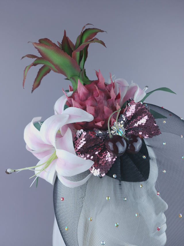 "Tuti" Pink Pineapple Flower Veil Fascinator