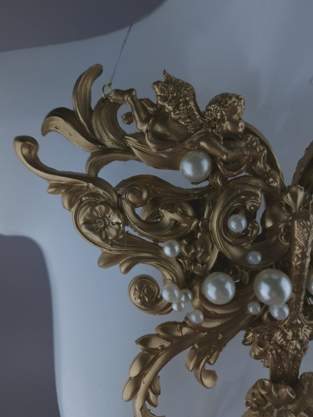 Pearls & Swine: Gold Filigree, Sword, Heart & Pearls Neckpiece "Covenant"