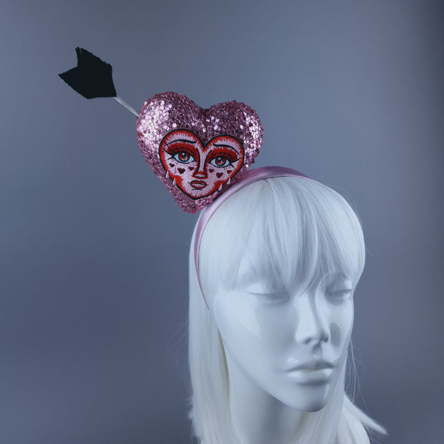 "Crush" Pink Glitter Heart with Embroidery Face Headdress