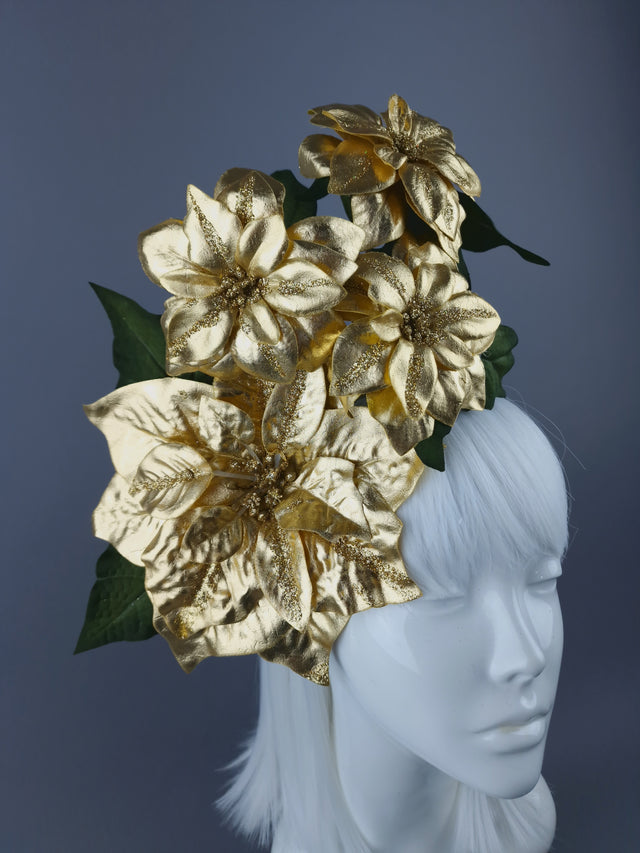 Metallic Gold Poinsettia Xmas Headdress