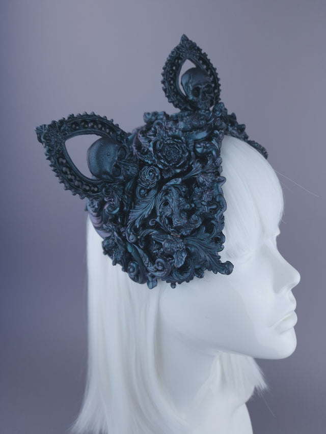 "Ruína" Teal Filigree Angel Cat Ear Fascinator Hat