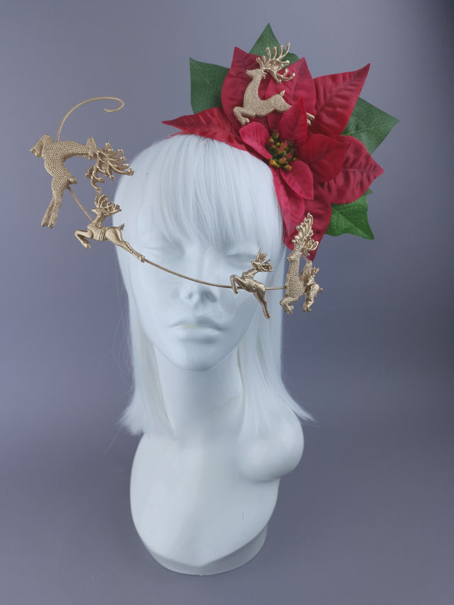 Red Poinsettia & Reindeer Xmas Headdress