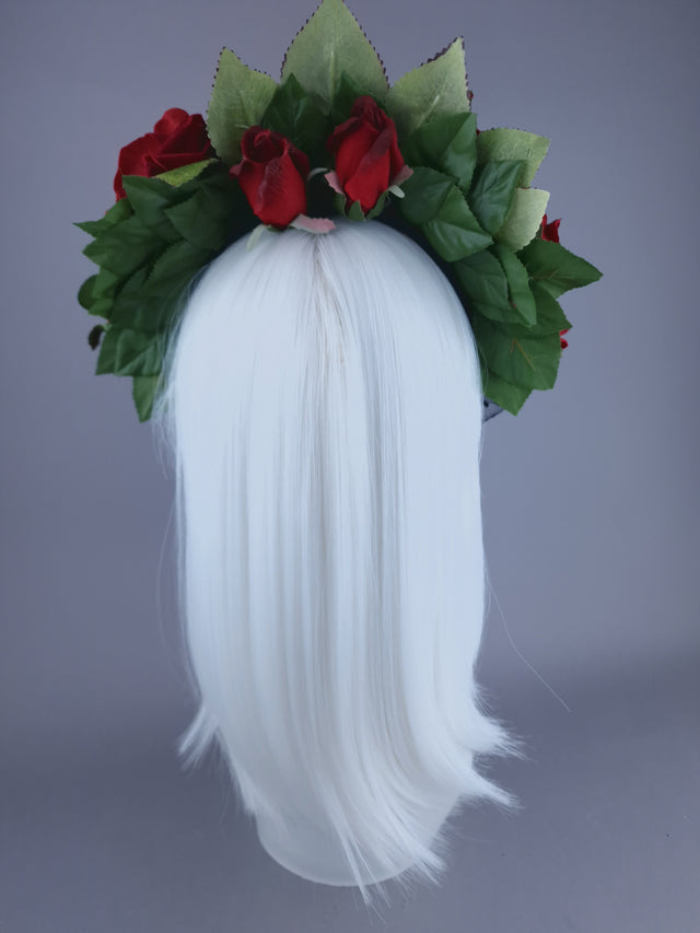 "Dearly Beloved" Red Rose, Skull Veil Headdress