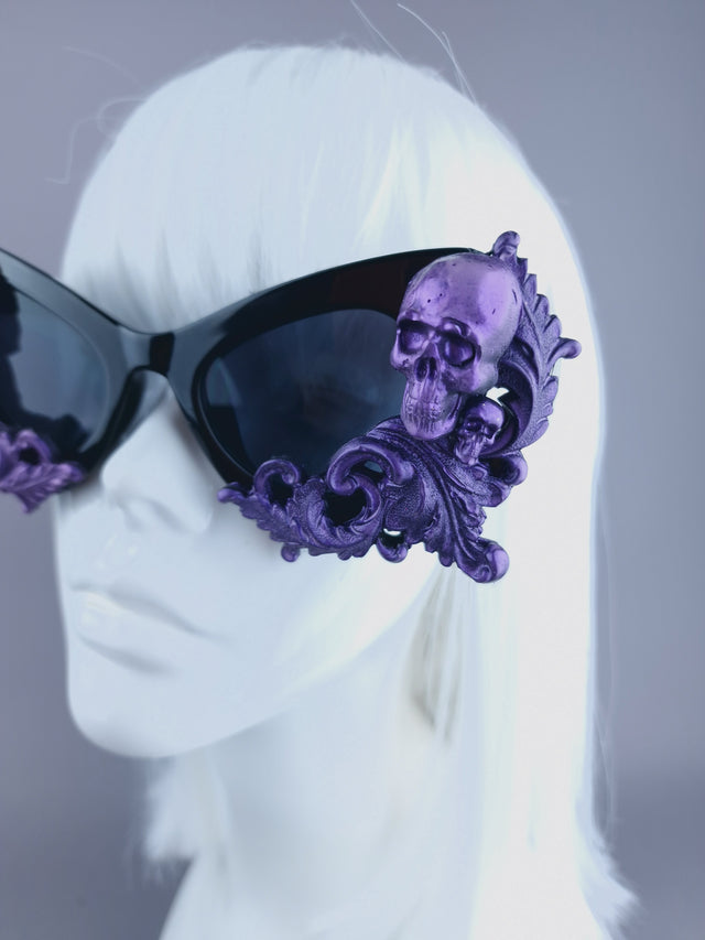 "Goth AF" Purple Black Filigree & Skulls Catseye Sunglasses