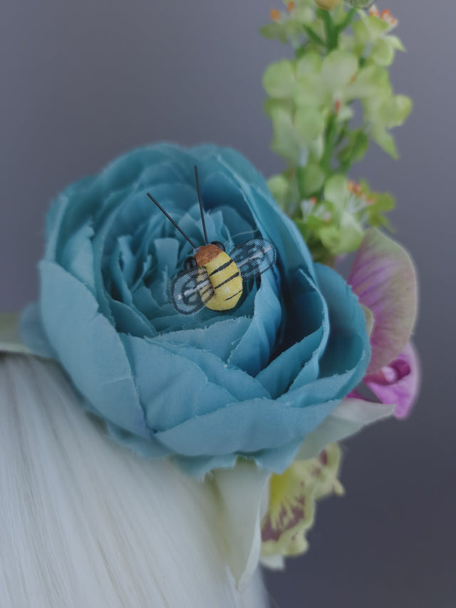 Pearls & Swine: Maximalist Floral Horn Headpiece with Bees "Fae"