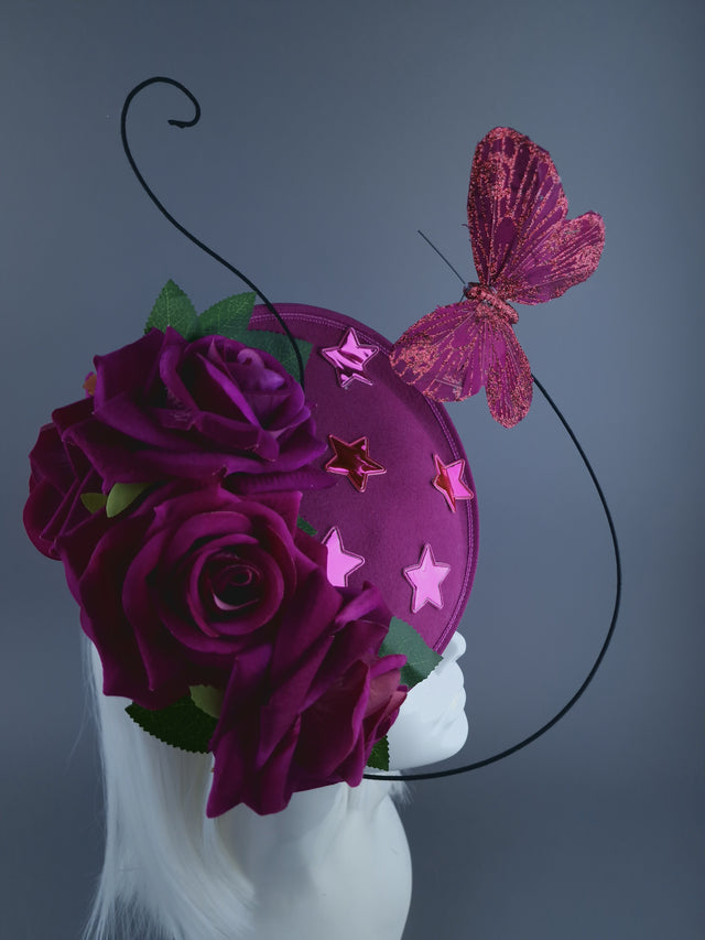 "Emily" Cerise Rose, Stars & Butterfly Fascinator Hat