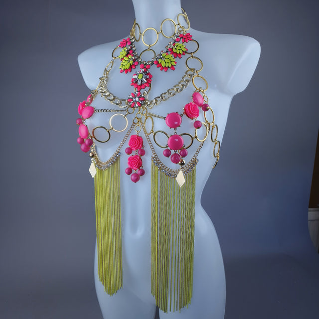 "Hermia" Neon Yellow & Pink Jewel & Chain Harness