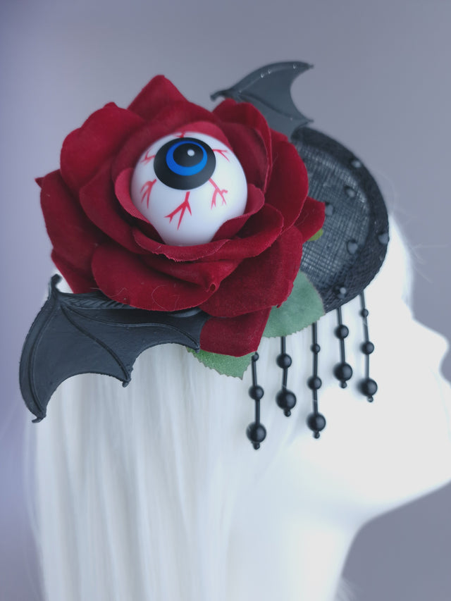 "Demiana" Red Rose, Eyeballs, Bat Wing Mini Fascinator