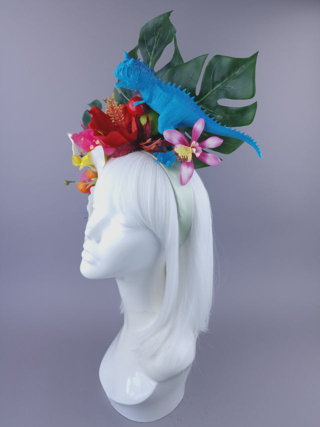 Pearls & Swine: Maximalist Tropical Floral Headpiece with Dinosaur "Jungle Boogie"