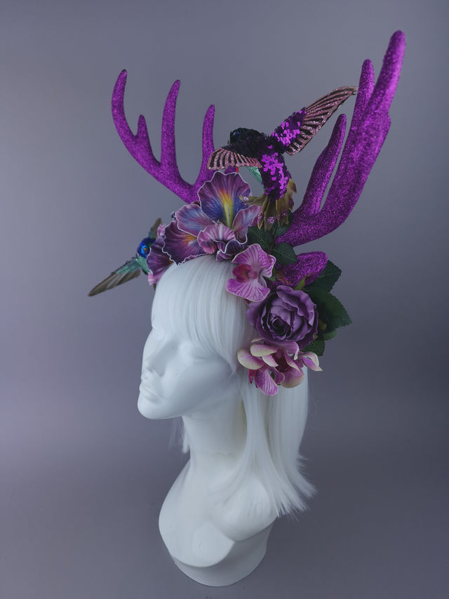Pearls & Swine: Maximalist Purple/Pink Floral Deet Horn Headdress with Hummingbirds
