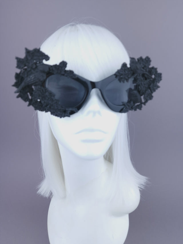 "Lilith" Black Bird & Flowers Filigree Catseye Sunglasses