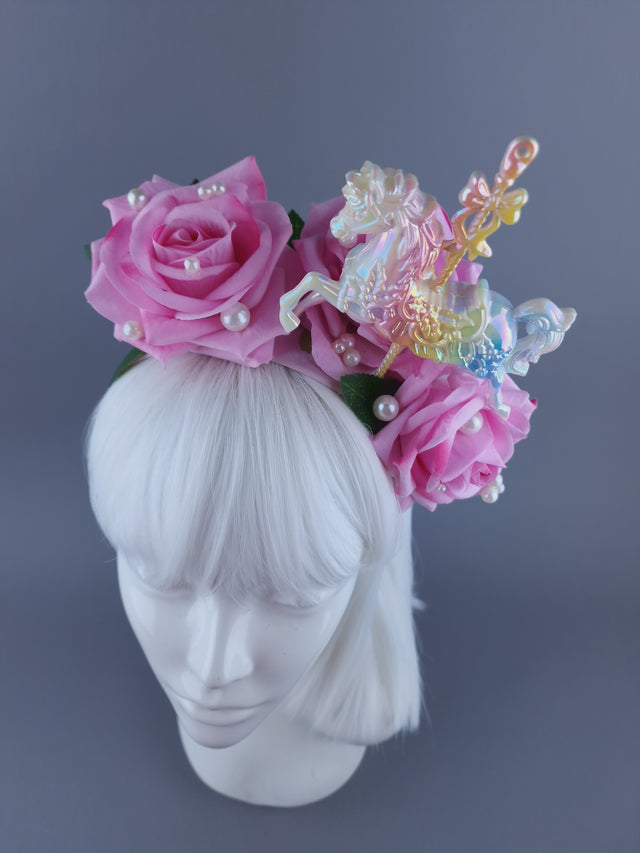 "Spin" Velvet Pink Rose, Pearls & Carousel Horse Headdress