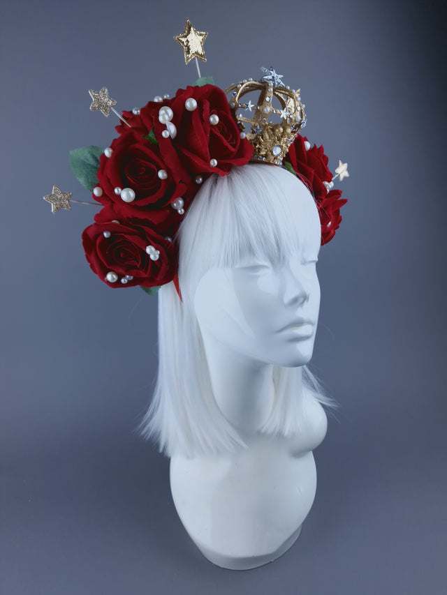 "Sanguis Christi" Red Rose, Pearls & Gold Crown Headdress