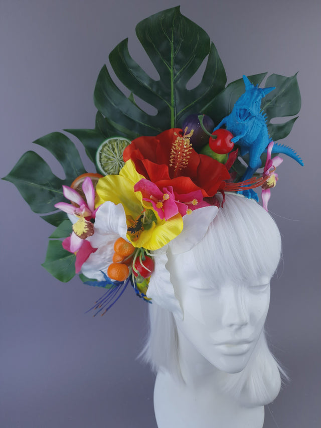 Pearls & Swine: Maximalist Tropical Floral Headpiece with Dinosaur "Jungle Boogie"