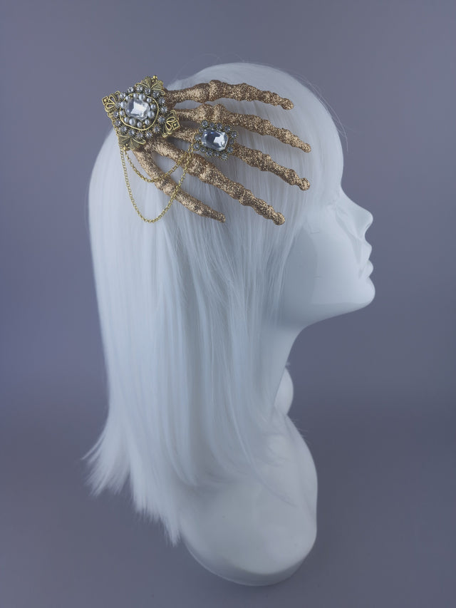 "Dust to Dust" Jewelled Glitter Skeleton Hand Mini Headpiece