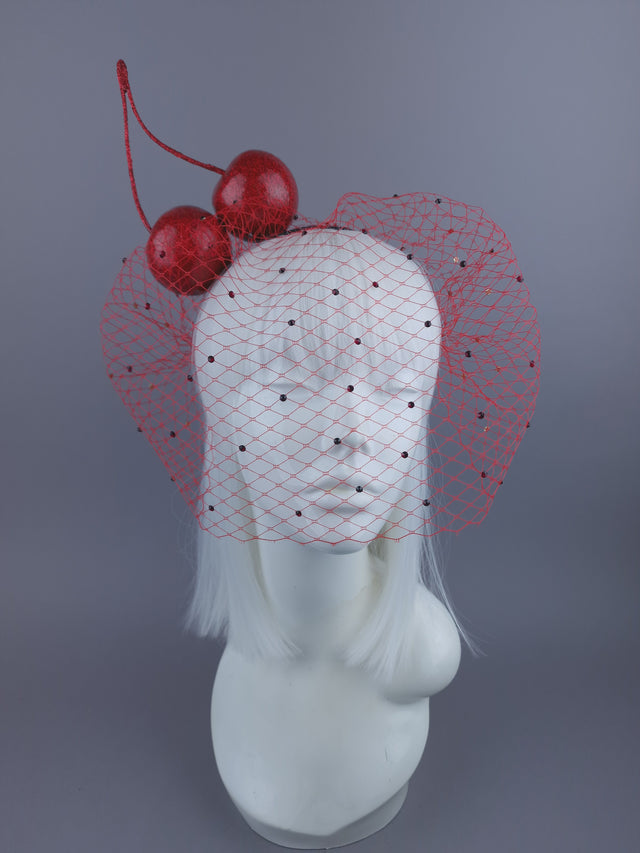 "Accro Aux Cerises" Large Red Glitter Cherries Crystal Veil Headpiece