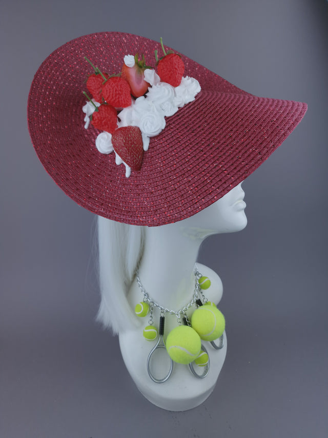 Pearls & Swine: Bespoke Commission Wimbledon Strawberries & Cream Hat with Tennis Ball & Racket Necklace