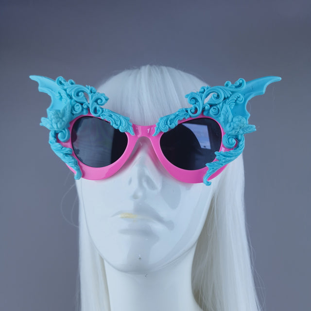 "Bathory" Pink & Blue Filigree Ornate Bat Wing & Cherub Sunglasses