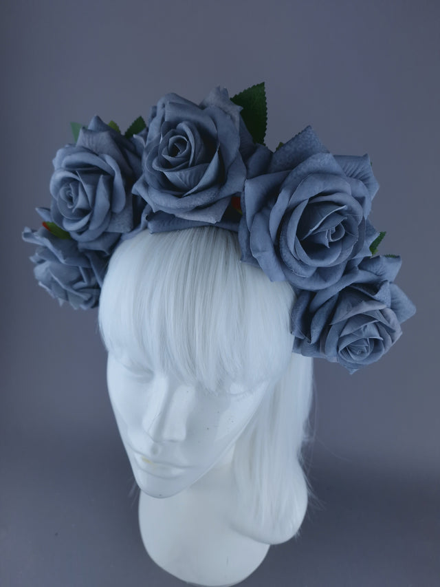 "Eva" Grey Velvet Rose Flower Headdress & Neckpiece