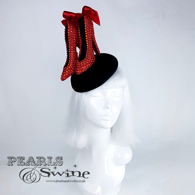 red glitter heel shoes hat