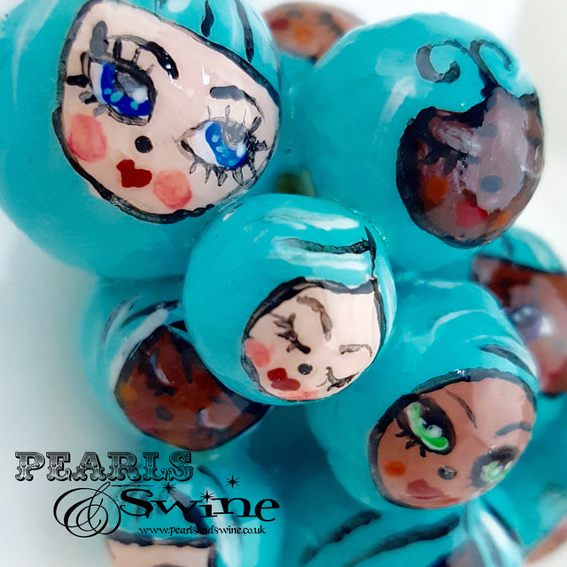 "Aqua Poppets" Blue Bubble DollFace Necklace