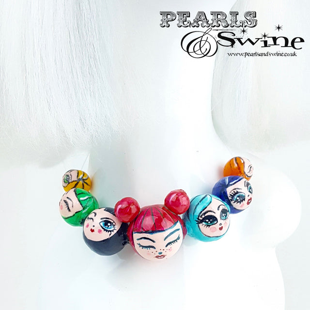"A Ring of Poppets" Colourful DollFace Necklace