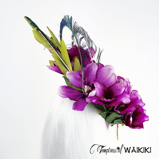 "Maurelle" Pink Purple Gladioli & Rose Headpiece with Peacock Feathers