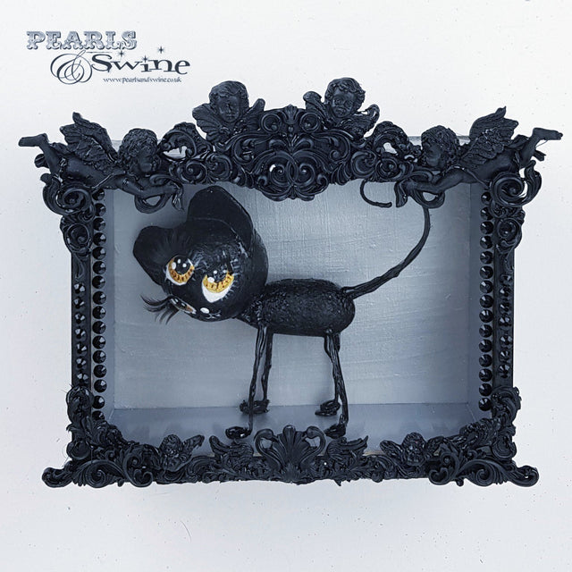 "JuJu" Black Cat Doll Sculpture in Framed Box Art