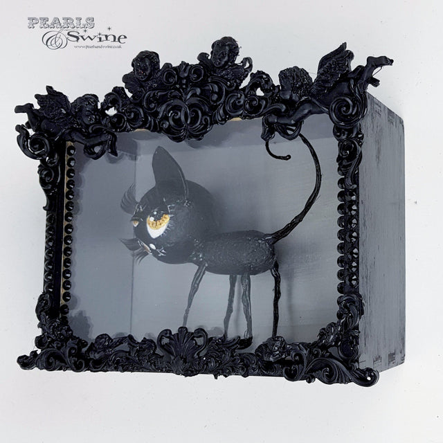"JuJu" Black Cat Doll Sculpture in Framed Box Art