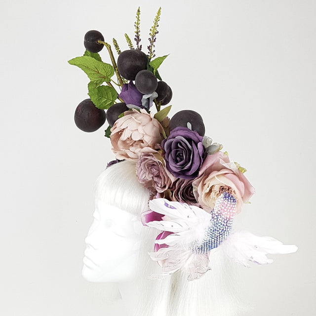 "Fleur De Prunier" Pink Purple Plum & Floral Rose Headpiece with Crystal Bird