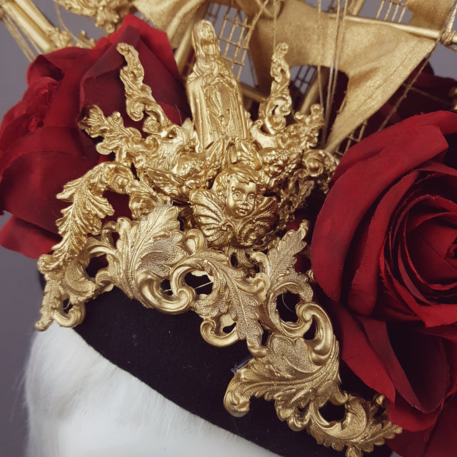 "Aurum Rosa" Gold Ship & Red Roses Headdress