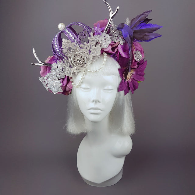 "Avalon" Purple Crown & Bird Floral Antler Headpiece