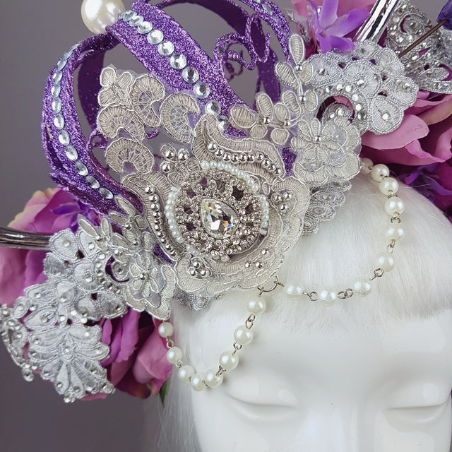 "Avalon" Purple Crown & Bird Floral Antler Headpiece