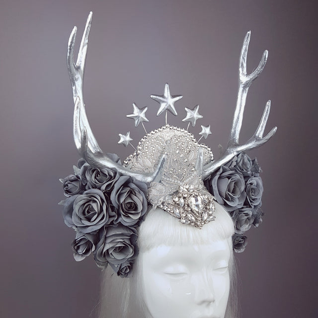 "Narnia" Grey Rose & Silver Antler Headband