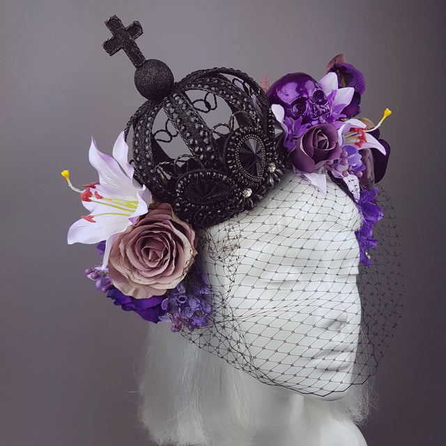 "Dark Queen" Black Crown & Skull Floral Headpiece