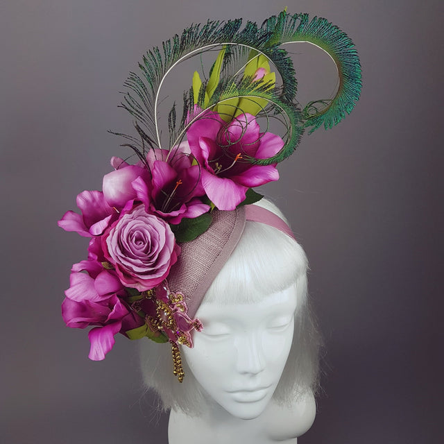 "Maurelle" Pink Purple Gladioli & Rose Headpiece with Peacock Feathers