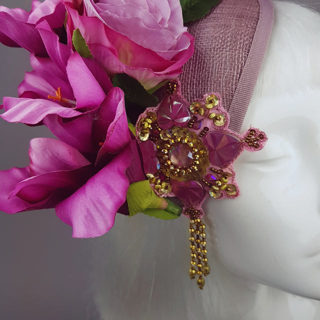 "Maurelle" Pink Purple Gladioli & Rose Headpiece with Peacock Feathers