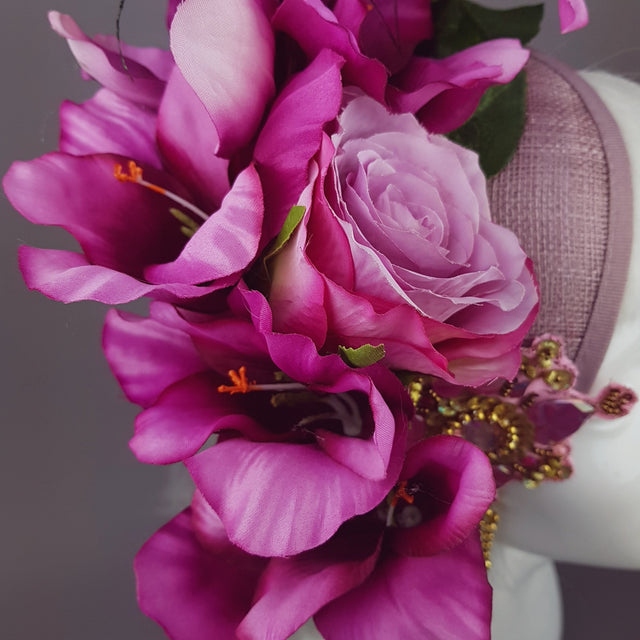 "Maurelle" Pink Purple Gladioli & Rose Headpiece with Peacock Feathers