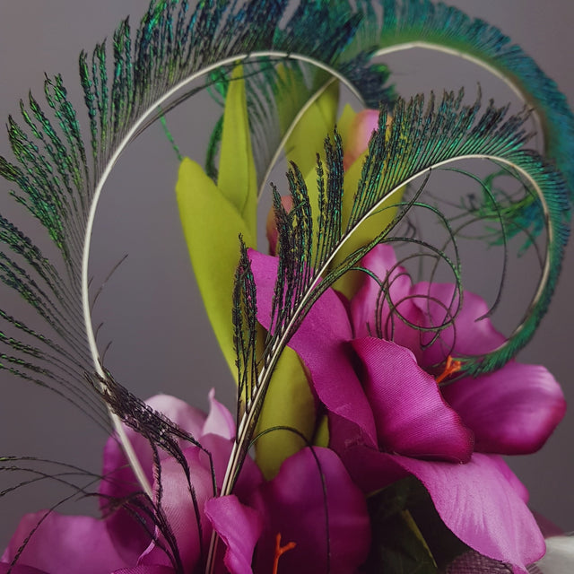 "Maurelle" Pink Purple Gladioli & Rose Headpiece with Peacock Feathers